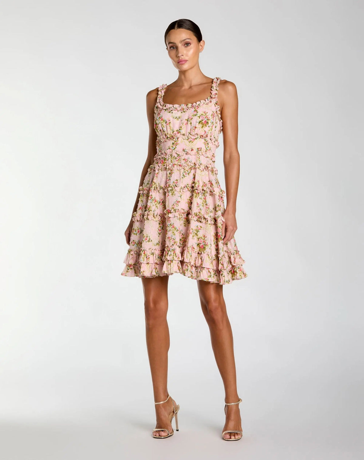 Mac Duggal Pink Floral Square Neck Ruffled Cotton Mini Dress