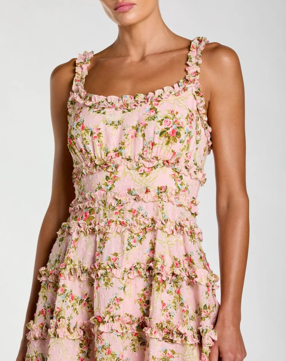 Mac Duggal Pink Floral Square Neck Ruffled Cotton Mini Dress