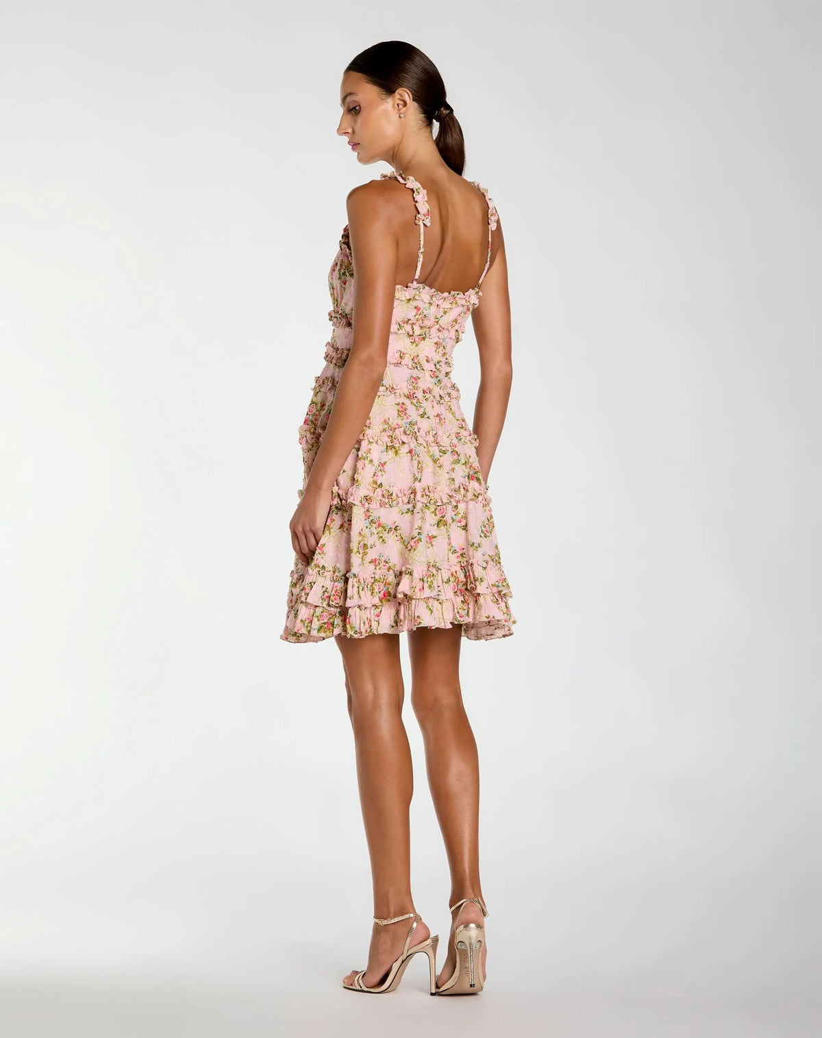 Mac Duggal Pink Floral Square Neck Ruffled Cotton Mini Dress
