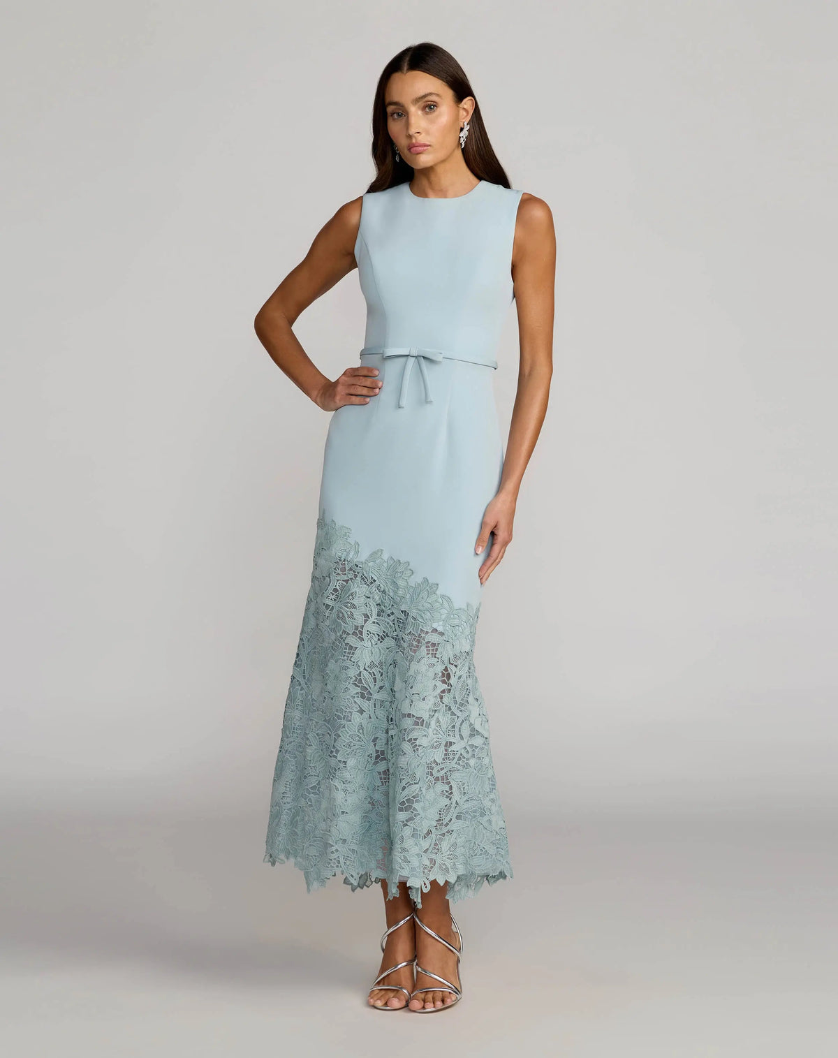 Mac Duggal Blue Embroidered Hem Sleeveless Midi Dress with Bow