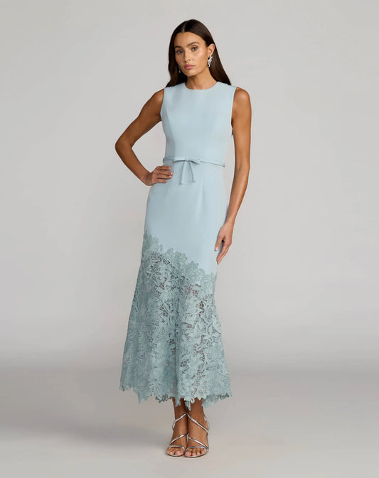Mac Duggal Blue Embroidered Hem Sleeveless Midi Dress with Bow