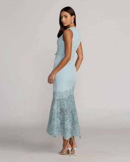 Mac Duggal Blue Embroidered Hem Sleeveless Midi Dress with Bow