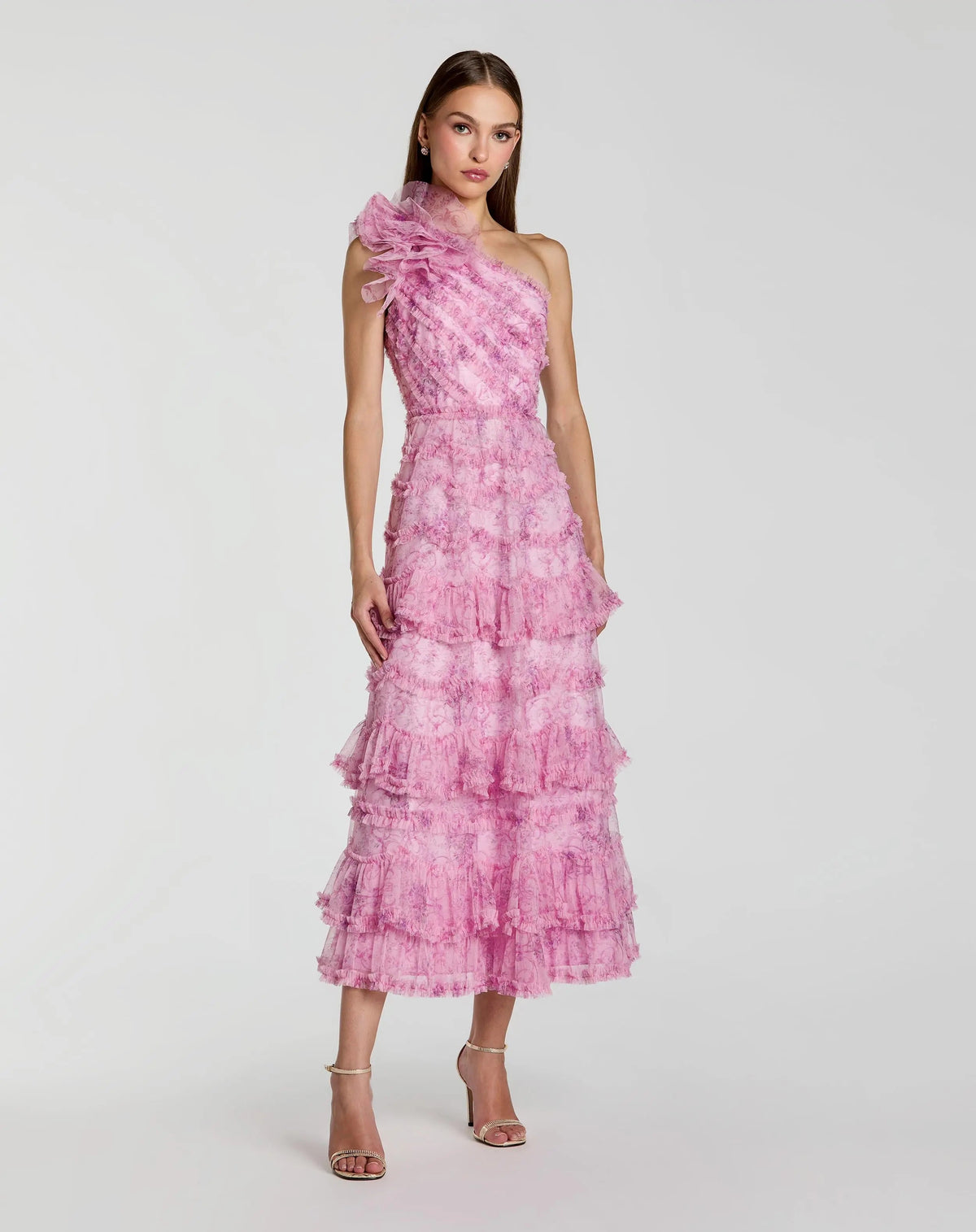 Mac Duggal Pink Printed One Shoulder Ruffled A Line Midi Dress