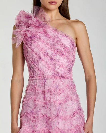 Mac Duggal Pink Printed One Shoulder Ruffled A Line Midi Dress