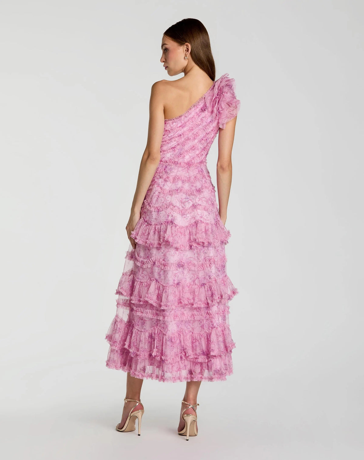 Mac Duggal Pink Printed One Shoulder Ruffled A Line Midi Dress