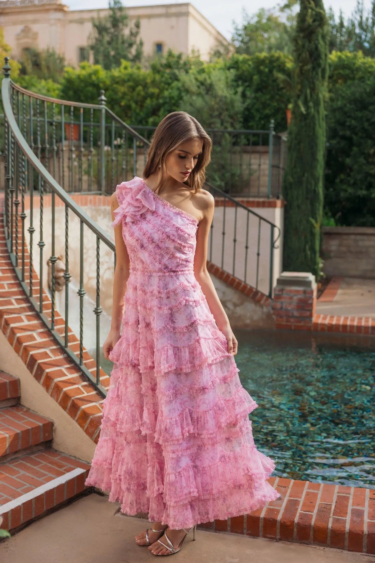 Mac Duggal Pink Printed One Shoulder Ruffled A Line Midi Dress