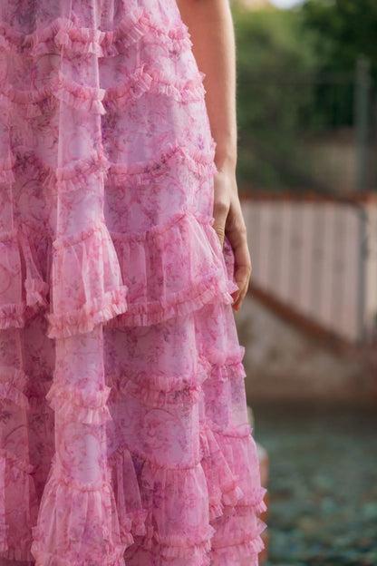 Mac Duggal Pink Printed One Shoulder Ruffled A Line Midi Dress