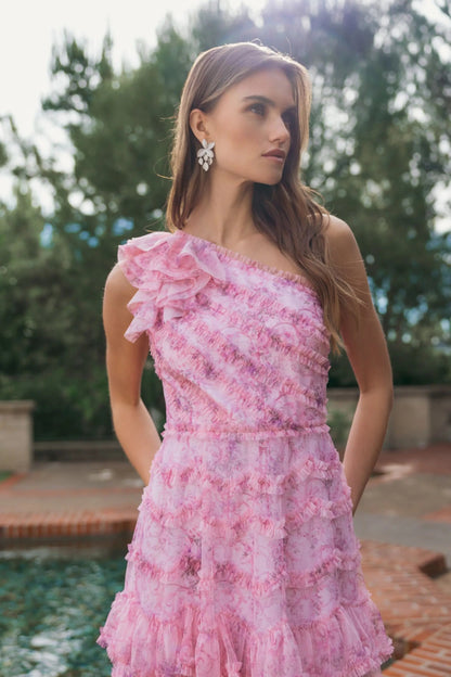 Mac Duggal Pink Printed One Shoulder Ruffled A Line Midi Dress