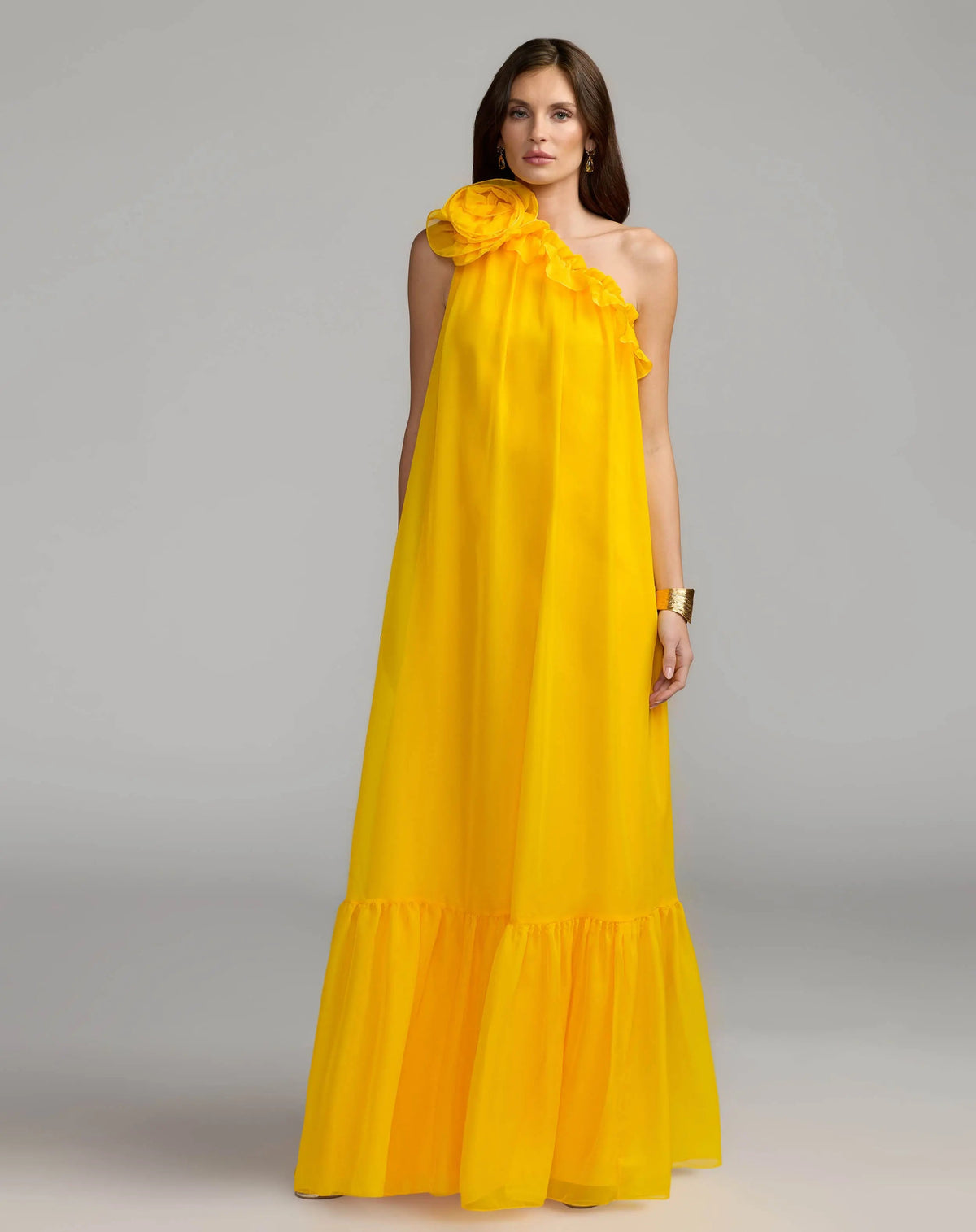 Mac Duggal Yellow One Shoulder Chiffon Gown With 3D Rosette