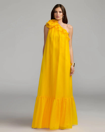 Mac Duggal Yellow One Shoulder Chiffon Gown With 3D Rosette