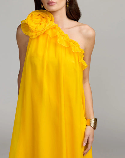 Mac Duggal Yellow One Shoulder Chiffon Gown With 3D Rosette