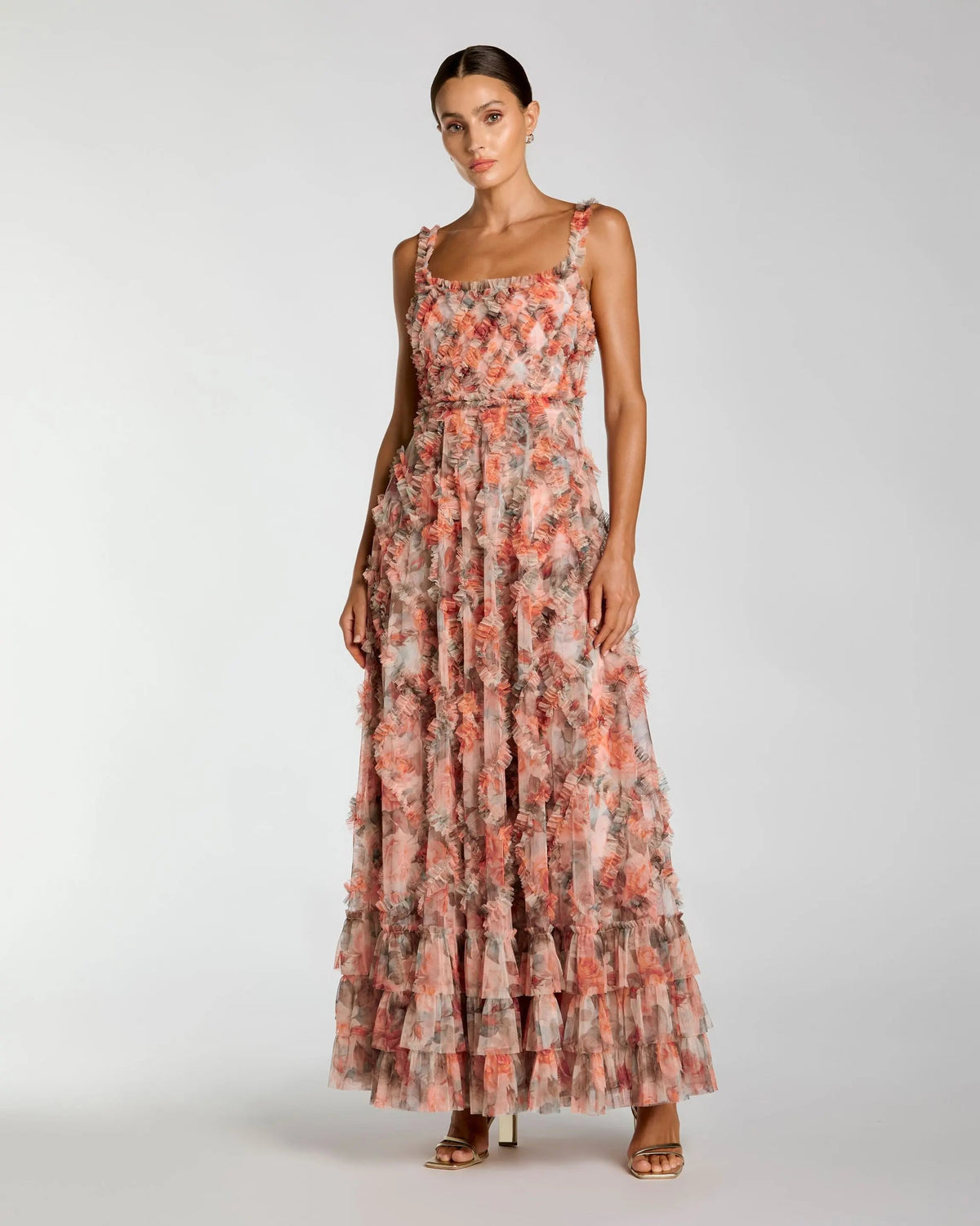 Mac Duggal Multicolor Floral Ruffle Tiered Maxi Dress