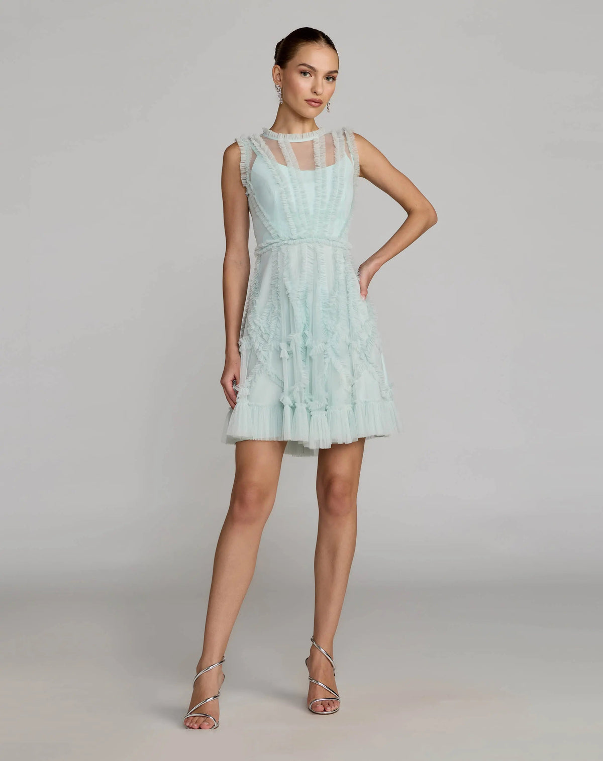 Mac Duggal Light Blue High Neck Sleeveless Micro Ruffle Mini Dress