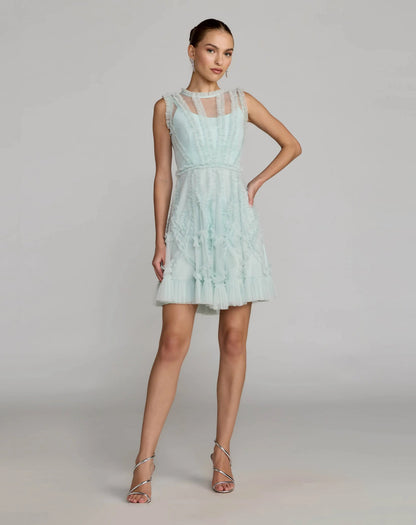 Mac Duggal Light Blue High Neck Sleeveless Micro Ruffle Mini Dress