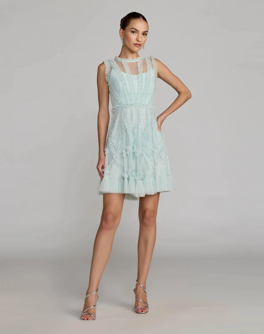 Mac Duggal Light Blue High Neck Sleeveless Micro Ruffle Mini Dress