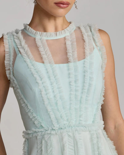 Mac Duggal Light Blue High Neck Sleeveless Micro Ruffle Mini Dress