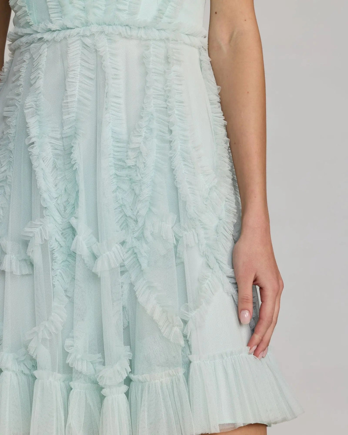Mac Duggal Light Blue High Neck Sleeveless Micro Ruffle Mini Dress
