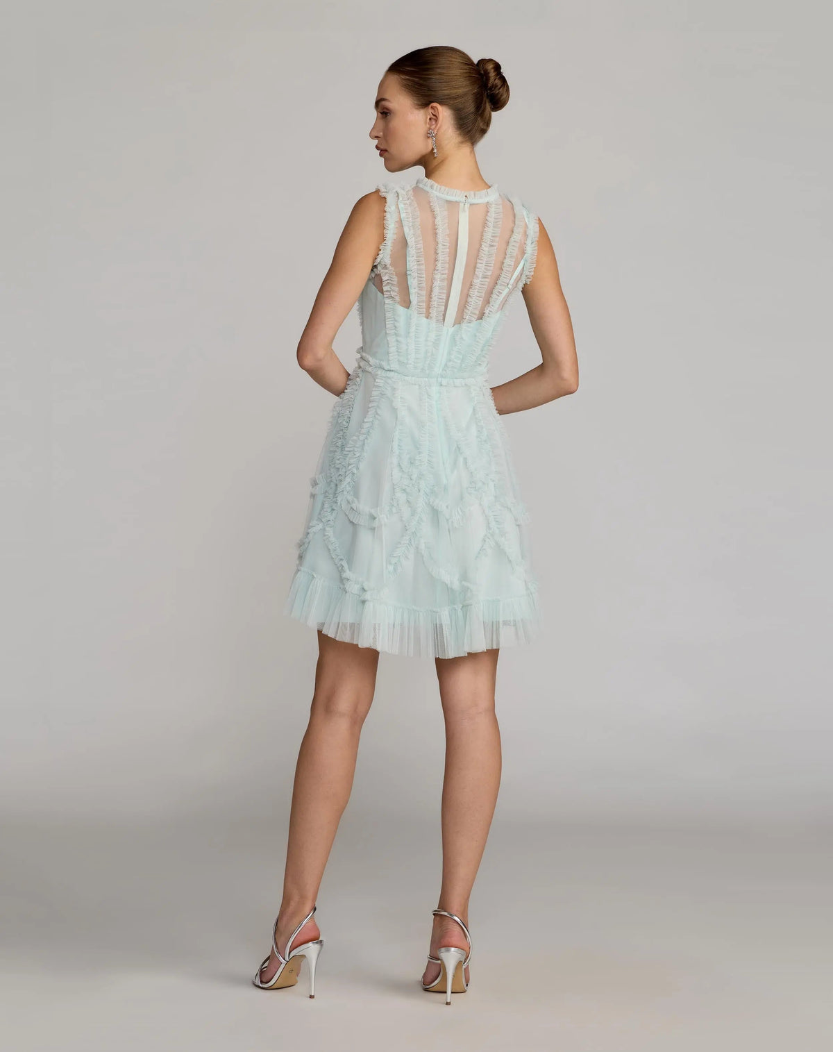 Mac Duggal Light Blue High Neck Sleeveless Micro Ruffle Mini Dress
