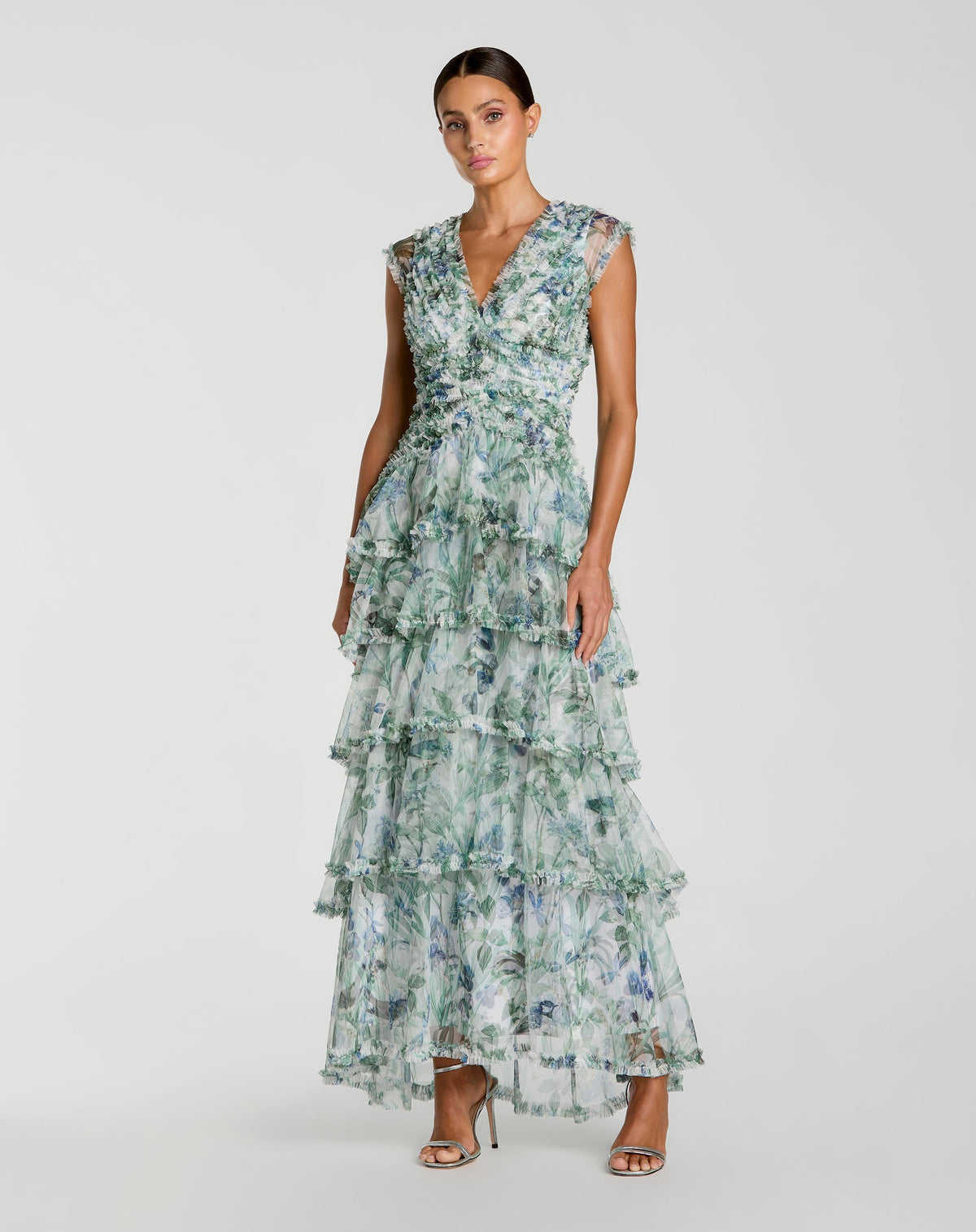 Mac Duggal Blue Floral V Neck Tiered Ruffle Maxi Dress