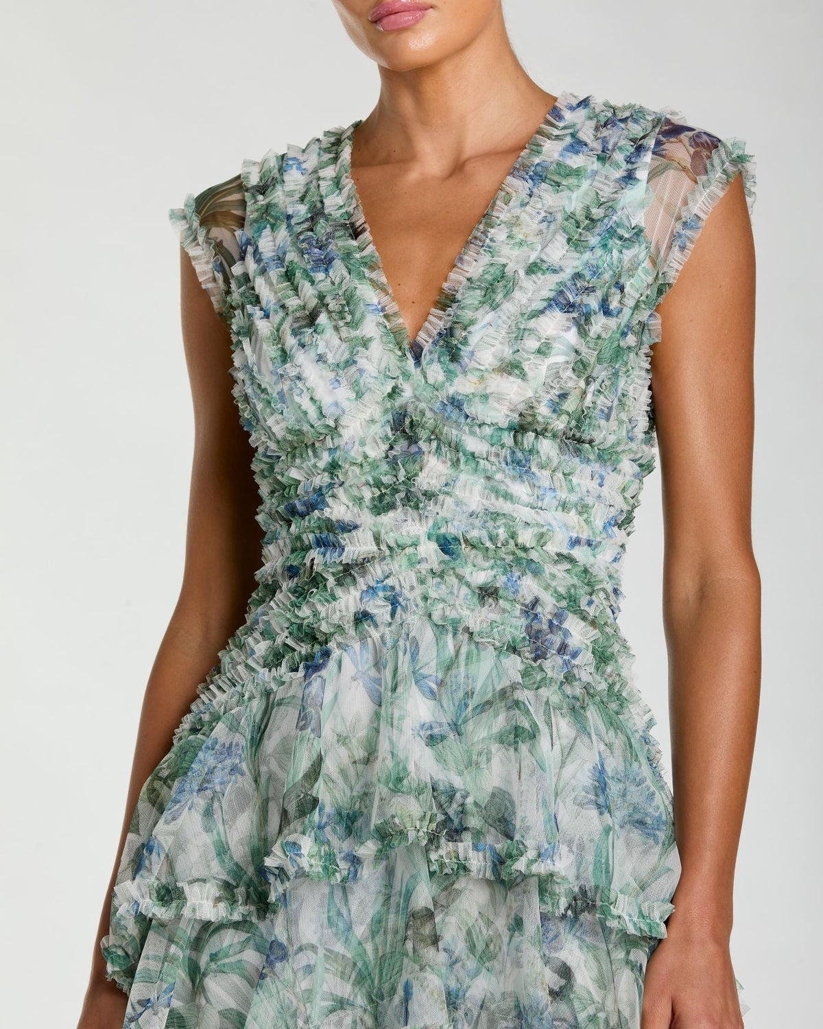 Mac Duggal Blue Floral V Neck Tiered Ruffle Maxi Dress