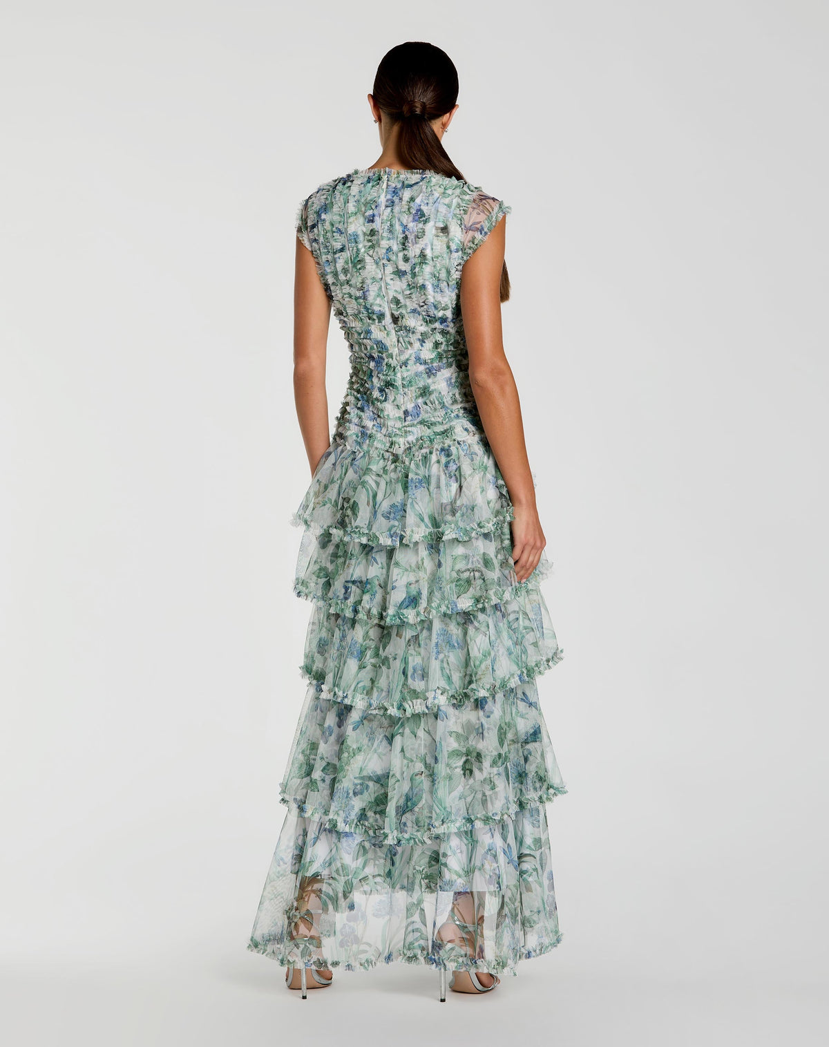 Mac Duggal Blue Floral V Neck Tiered Ruffle Maxi Dress