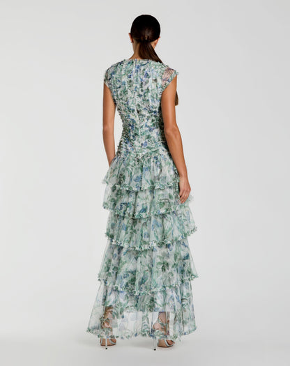 Mac Duggal Blue Floral V Neck Tiered Ruffle Maxi Dress