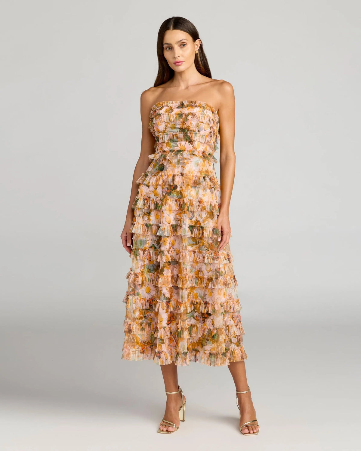 Mac Duggal Gold Strapless Floral Micro Ruffle Dress