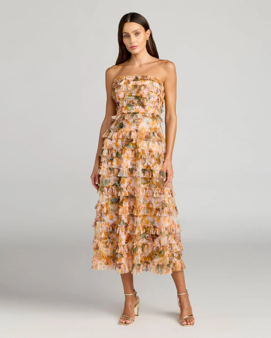 Mac Duggal Gold Strapless Floral Micro Ruffle Dress