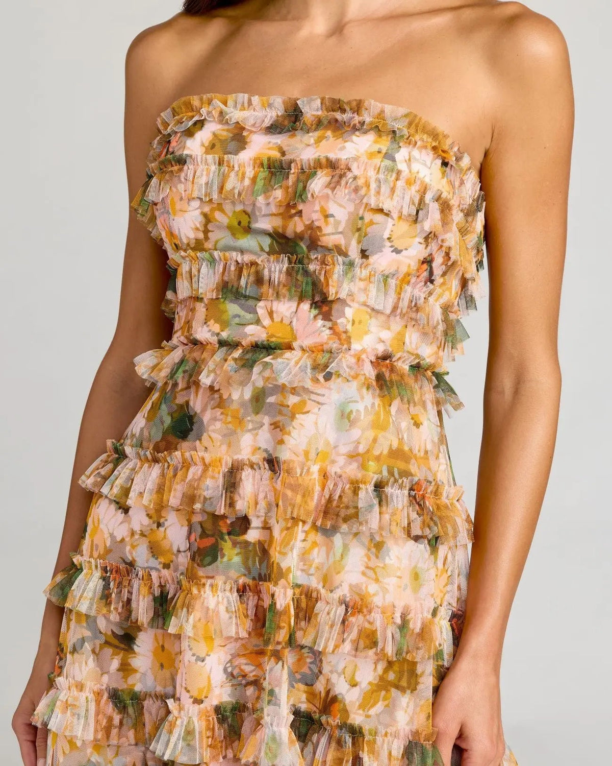 Mac Duggal Gold Strapless Floral Micro Ruffle Dress