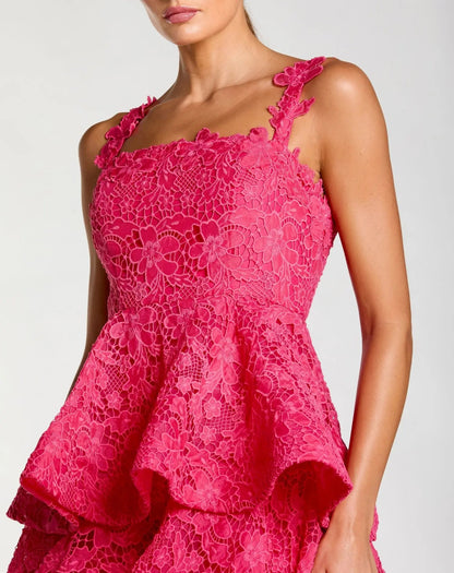 Mac Duggal Pink Sleeveless Embroidered Lace Ruffle Midi Dress