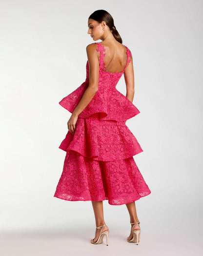 Mac Duggal Pink Sleeveless Embroidered Lace Ruffle Midi Dress