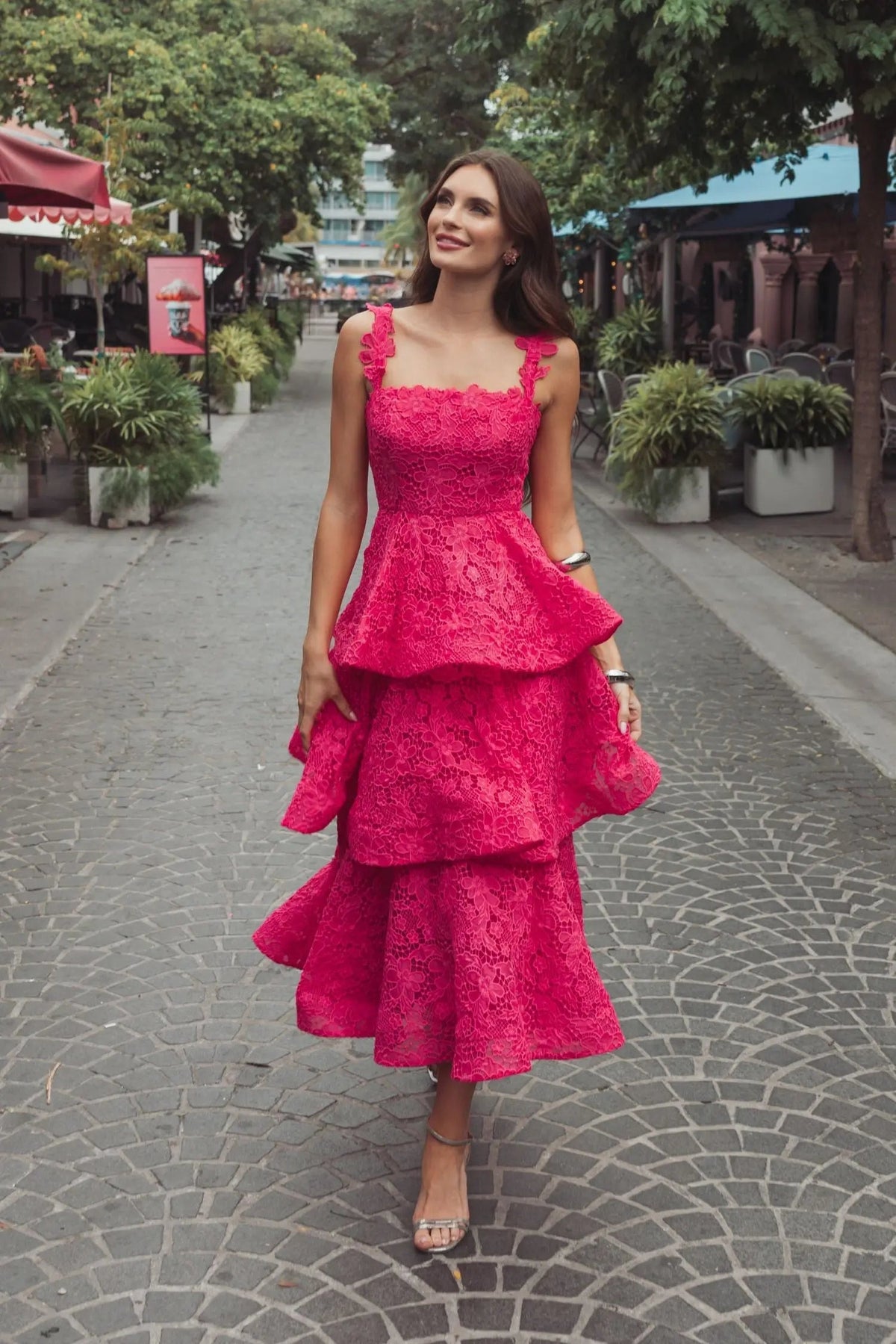 Mac Duggal Pink Sleeveless Embroidered Lace Ruffle Midi Dress
