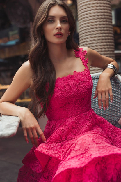 Mac Duggal Pink Sleeveless Embroidered Lace Ruffle Midi Dress