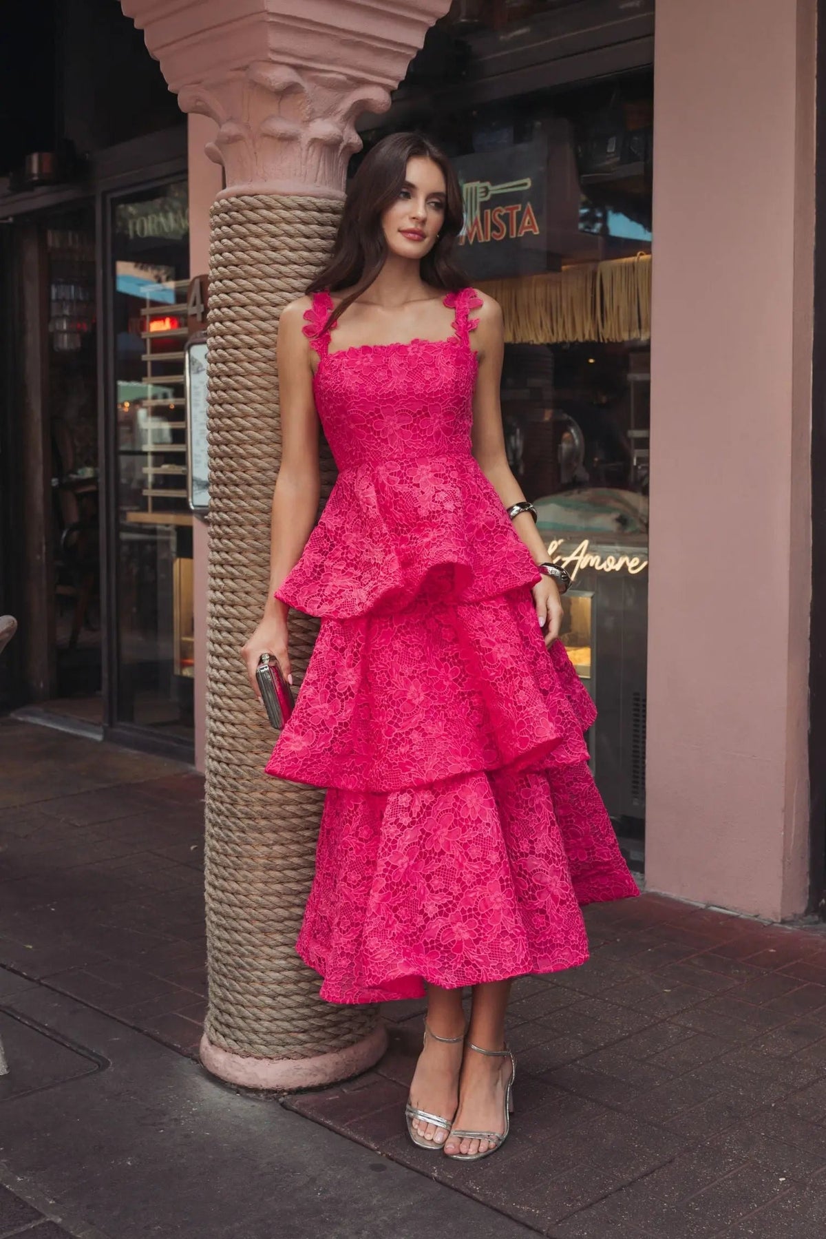 Mac Duggal Pink Sleeveless Embroidered Lace Ruffle Midi Dress