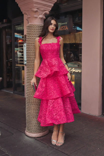 Mac Duggal Pink Sleeveless Embroidered Lace Ruffle Midi Dress