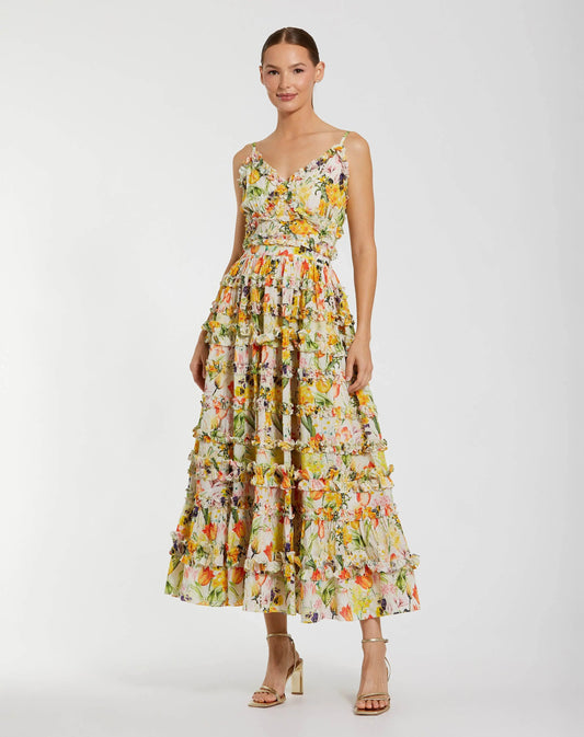 Mac Duggal Yellow Floral Printed Micro Ruffle Cotton Midi Dress