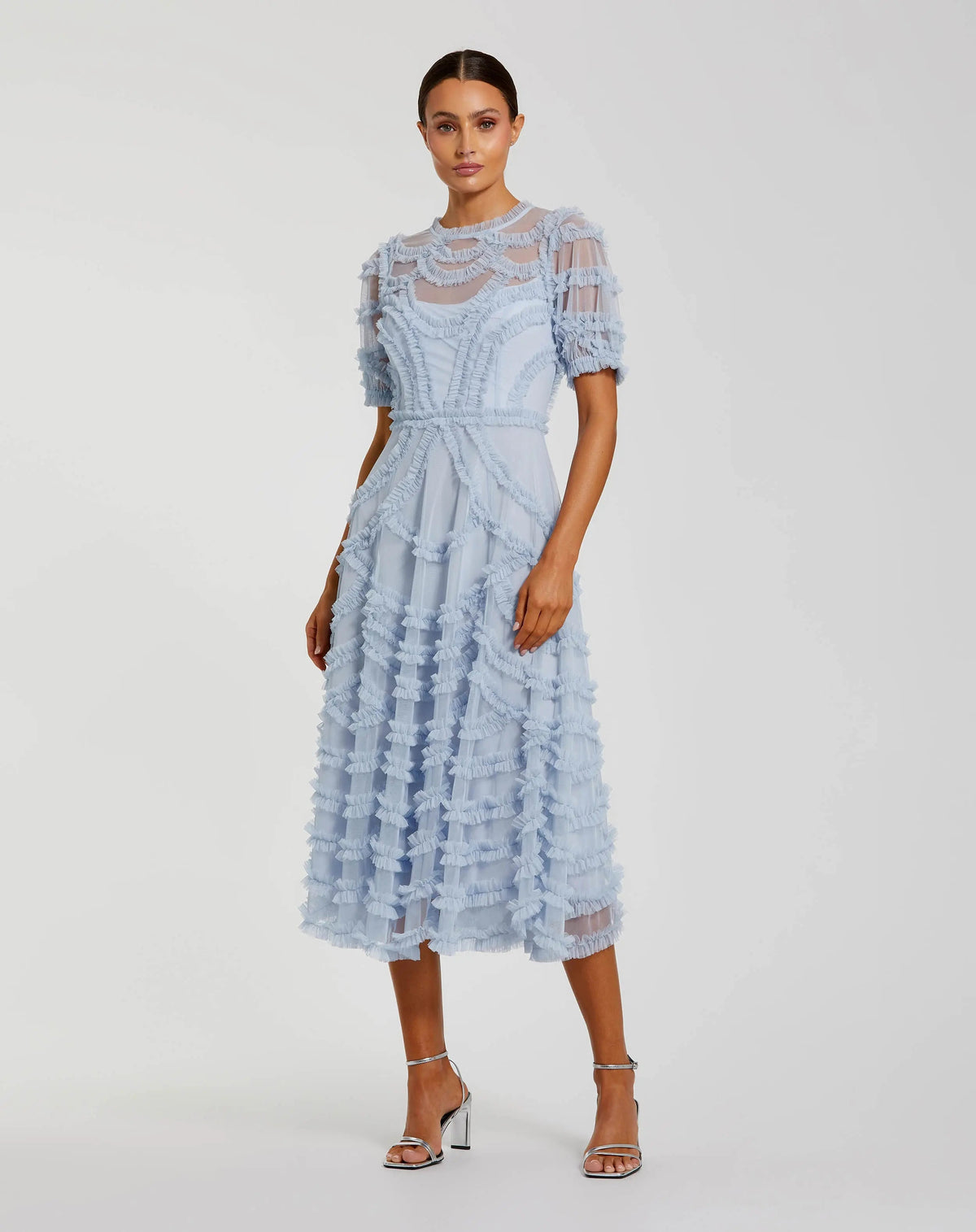 Mac Duggal Blue High Neck Short Sleeve Ruffled Midi Dress