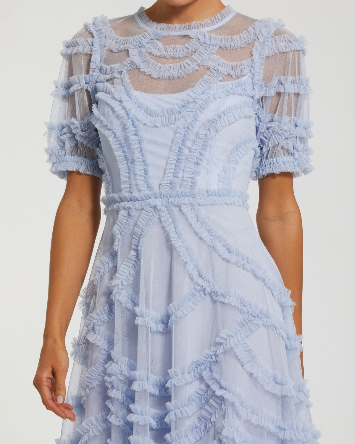 Mac Duggal Blue High Neck Short Sleeve Ruffled Midi Dress