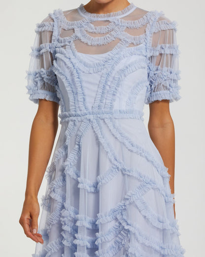 Mac Duggal Blue High Neck Short Sleeve Ruffled Midi Dress