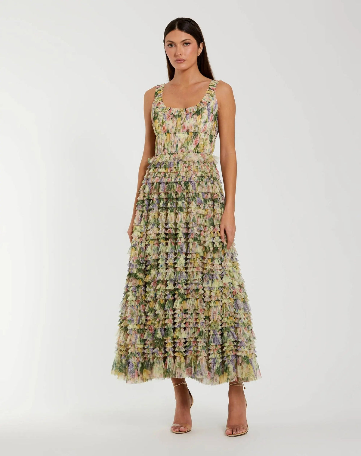 Mac Duggal Yellow Floral Printed Ruffle Midi Dress