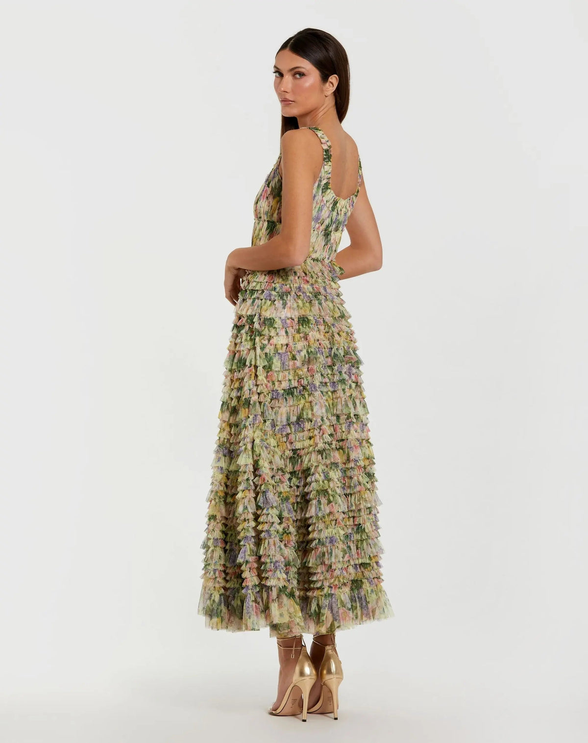 Mac Duggal Yellow Floral Printed Ruffle Midi Dress