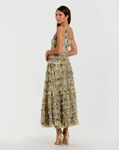 Mac Duggal Yellow Floral Printed Ruffle Midi Dress