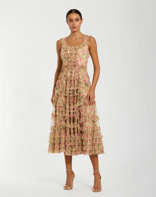 Mac Duggal Beige Floral Printed Sleeveless Ruffle Midi Dress