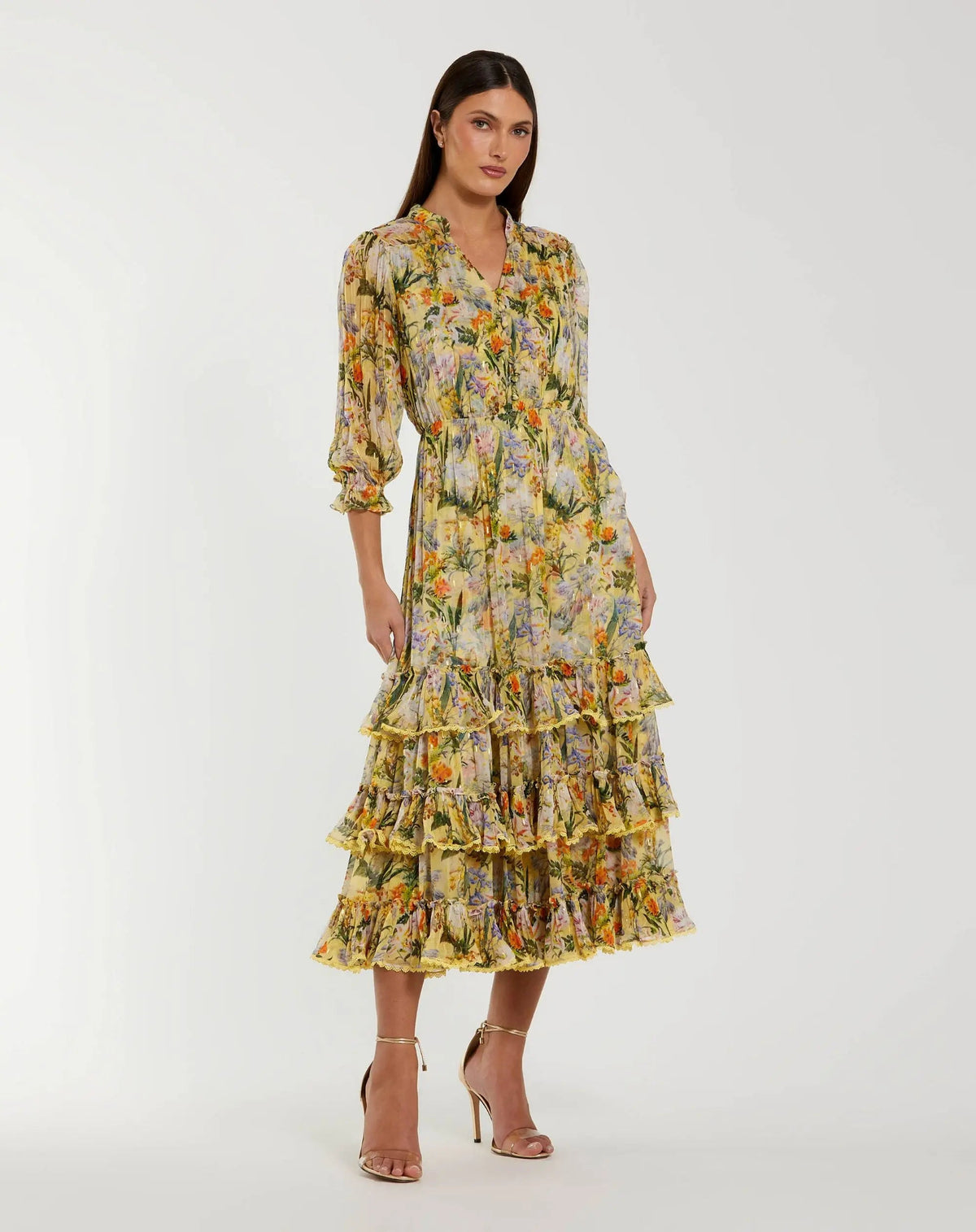 Mac Duggal Yellow Floral V Neck Ruffle Midi Dress With 3/4 Sleeves