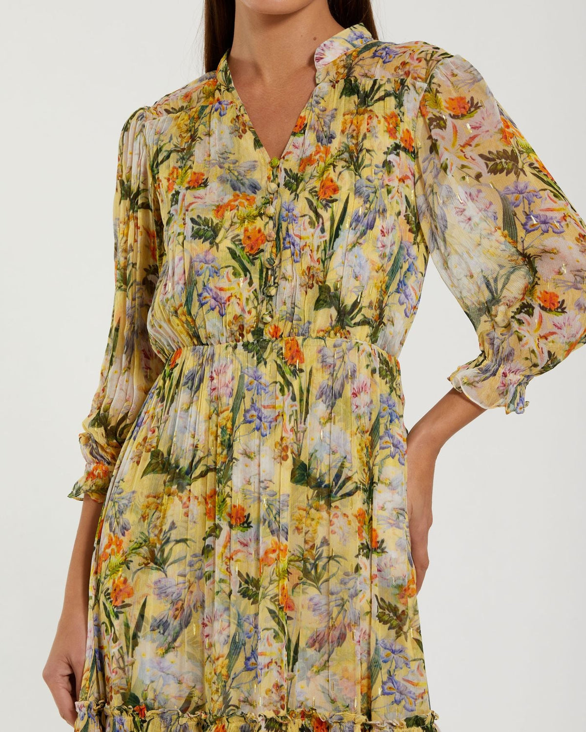 Mac Duggal Yellow Floral V Neck Ruffle Midi Dress With 3/4 Sleeves