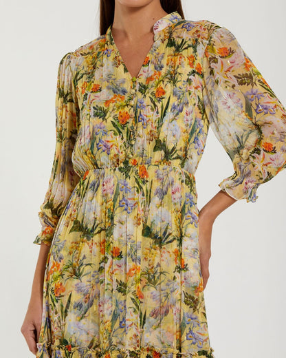 Mac Duggal Yellow Floral V Neck Ruffle Midi Dress With 3/4 Sleeves