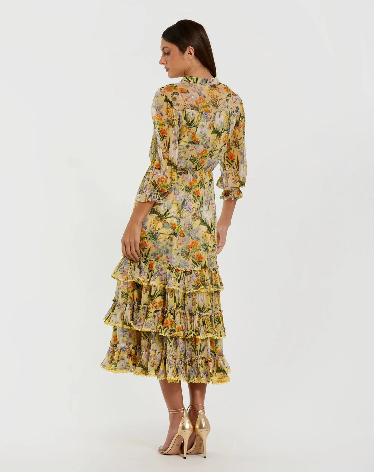 Mac Duggal Yellow Floral V Neck Ruffle Midi Dress With 3/4 Sleeves