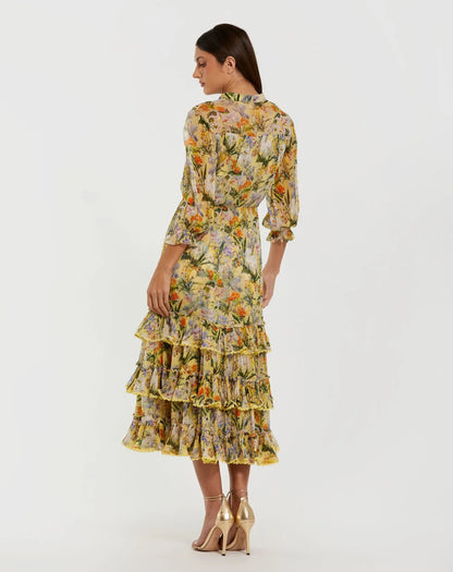 Mac Duggal Yellow Floral V Neck Ruffle Midi Dress With 3/4 Sleeves