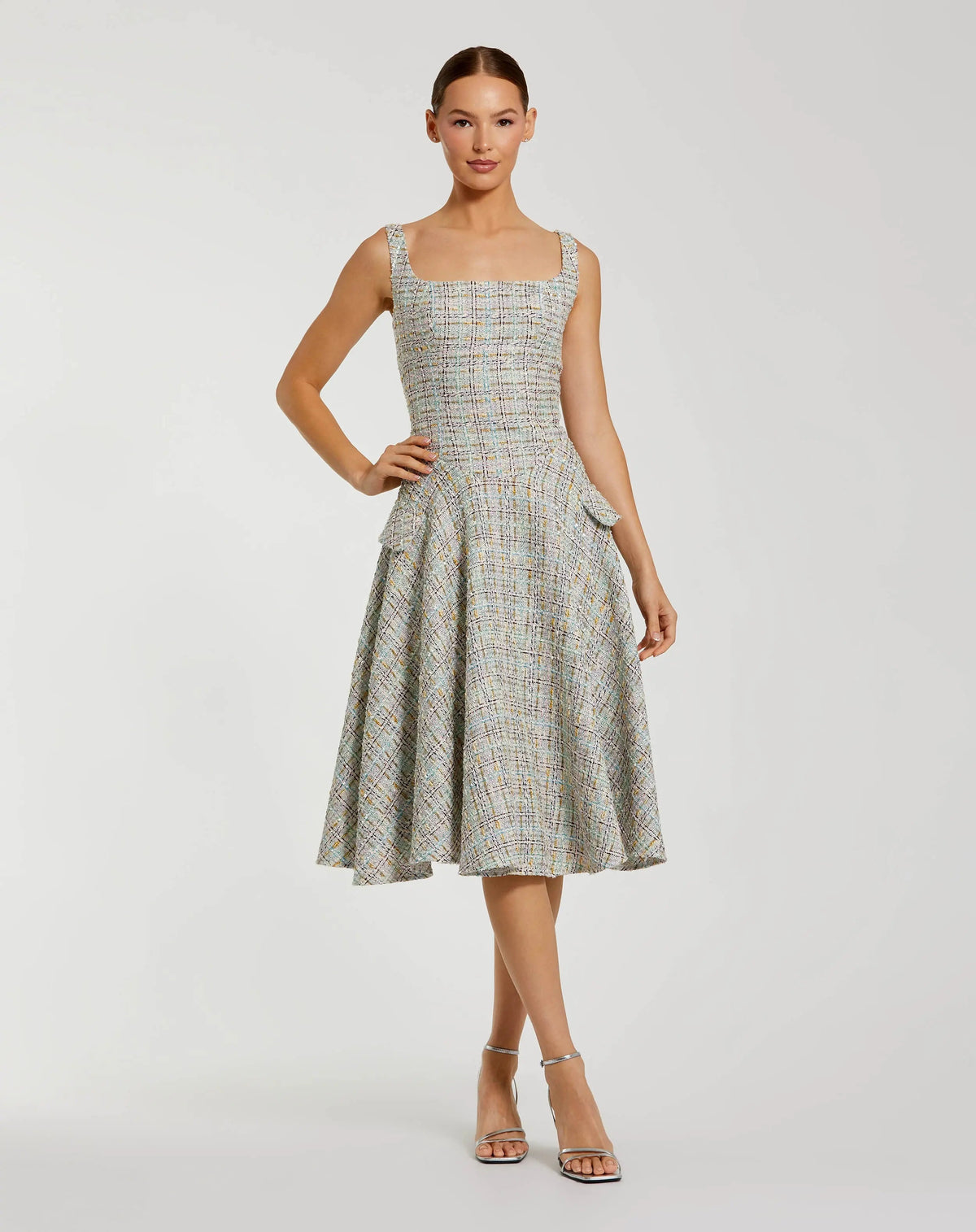 Mac Duggal Multicolor Sleeveless Drop Waist Boucle Midi Dress