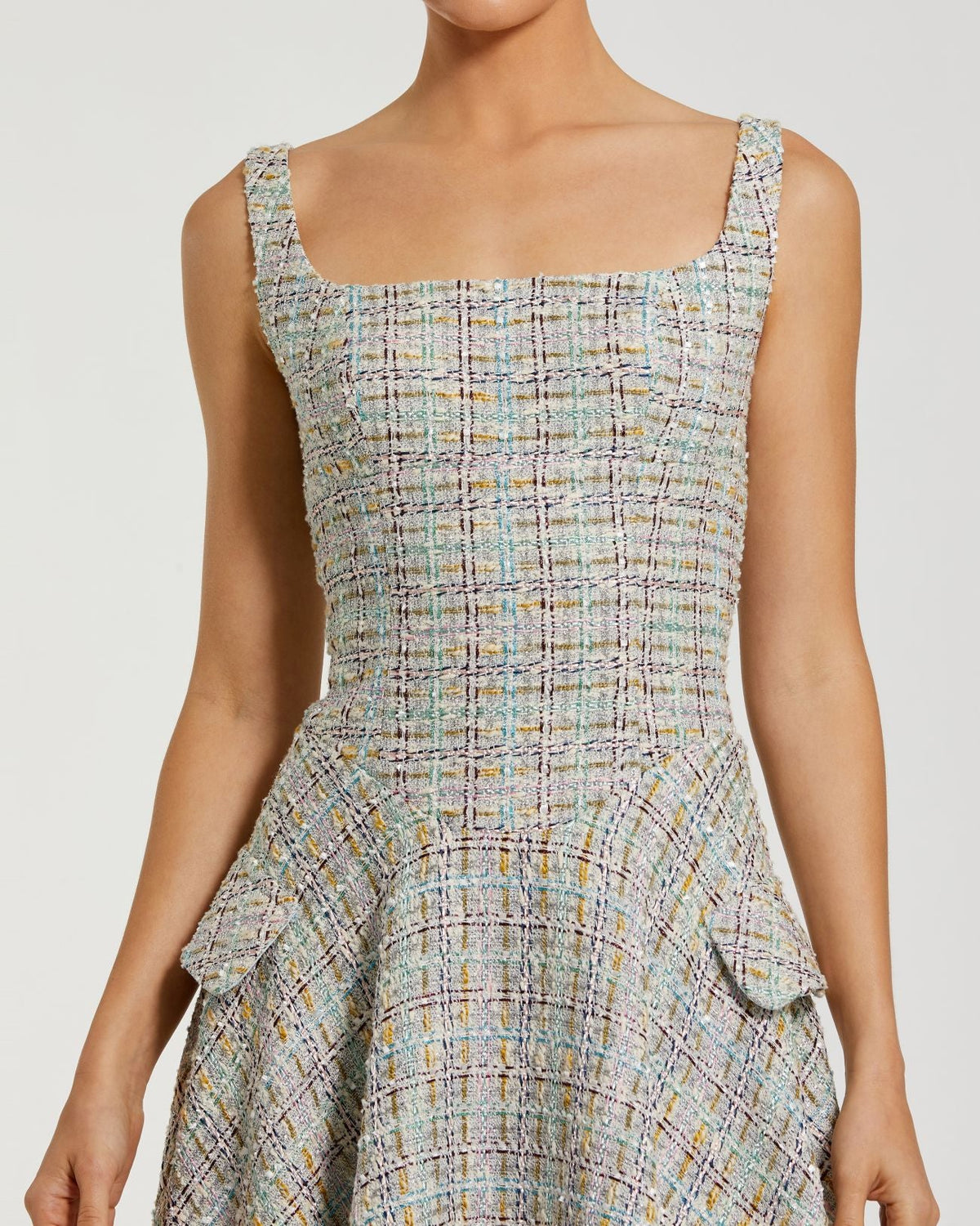Mac Duggal Multicolor Sleeveless Drop Waist Boucle Midi Dress